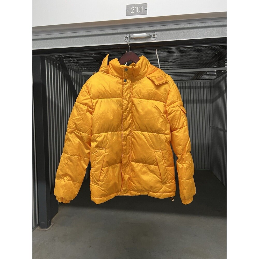 Forever 21 Men's Bright Orange / Mustard Yellow Hooded Puffer Jacket Medium